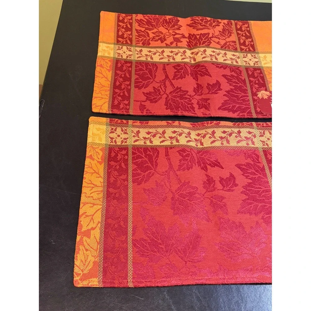 Bardwil Linens Montvale Placemats Set of 2 Fall Autumn Leaf Gold Red 13x19 NEW